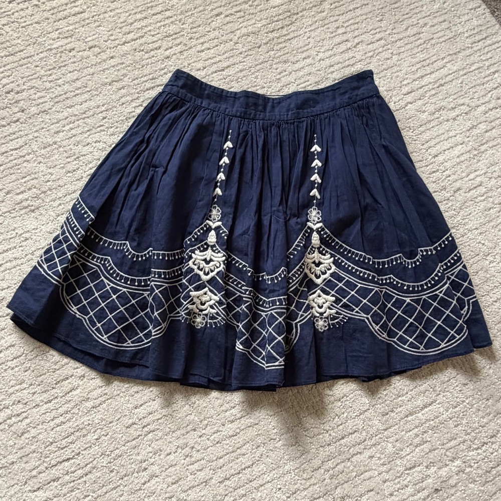Quiksilver Navy Blue Embroidered 100% Cotton Mini Skirt Beachy Boho XS Feminine
